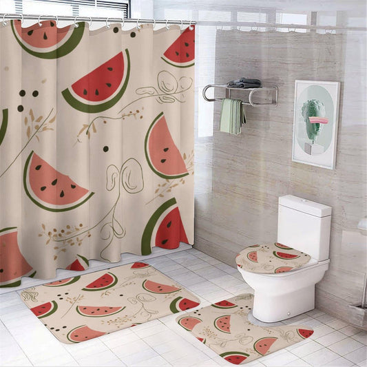 INSFBRB Cartoon Colorful Watermelon Shower Curtain Sets with Rug,Toilet Lid Cover and Bath Mat,Funny Vintage Summer Fruit Watermelon Green Leaves 4 Piece Bathroom Set
