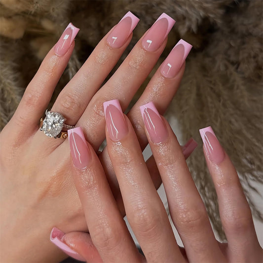 BABALAL Acrylic Press ons Nails Stick on Fake Nails - Pink French Tip, Long Square Artificial, 24Pcs Glossy Full Cover Reusable Natural False Nails for Women Girls
