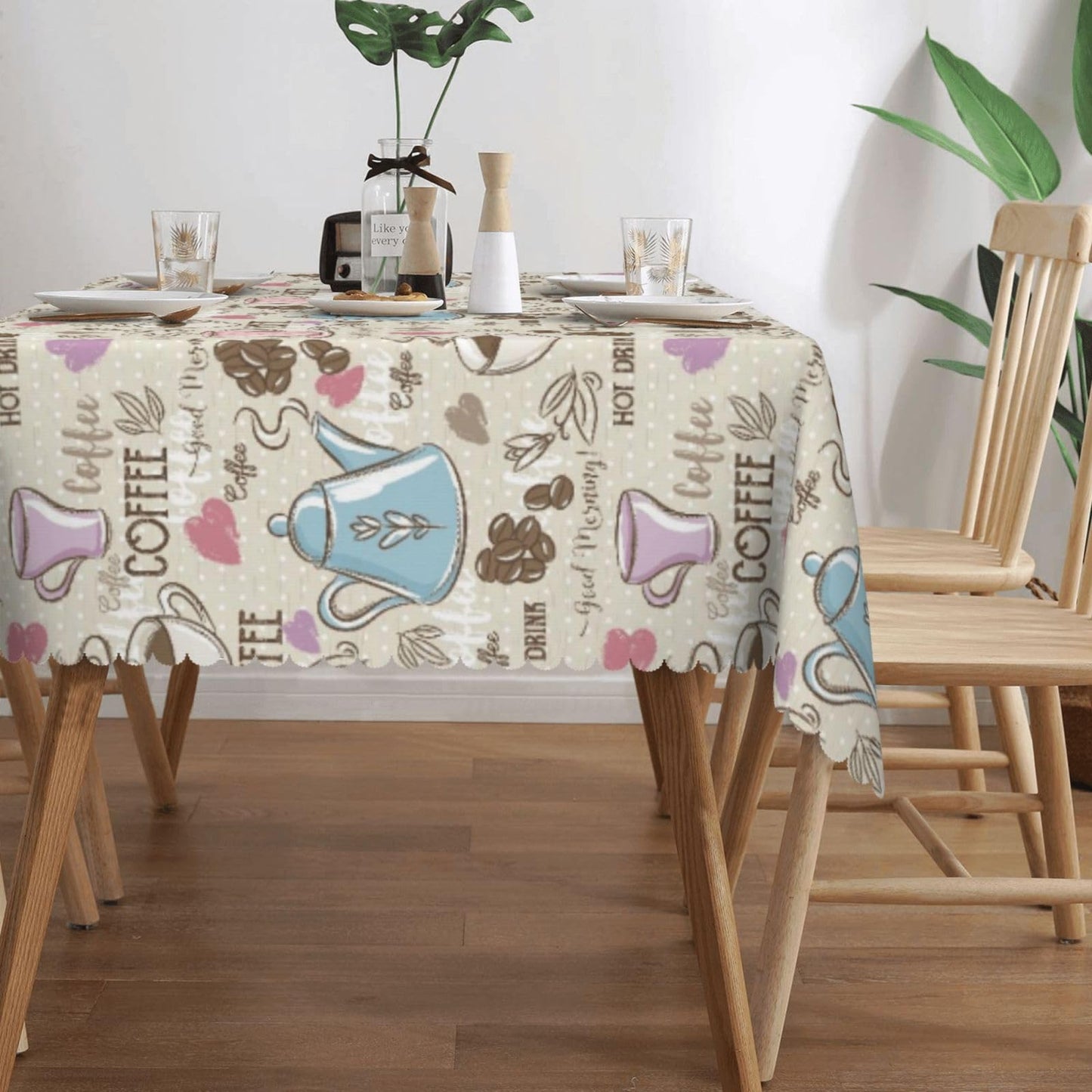 LALIMEYA Coffee Print Tablecloth Beans Polka Dot Rectangle Table Cloth Colorful Tea Cup Heart Doodles Themed Washable Table Cover with Wavy Edging Suitable for Party Dinner 54×72 Inch