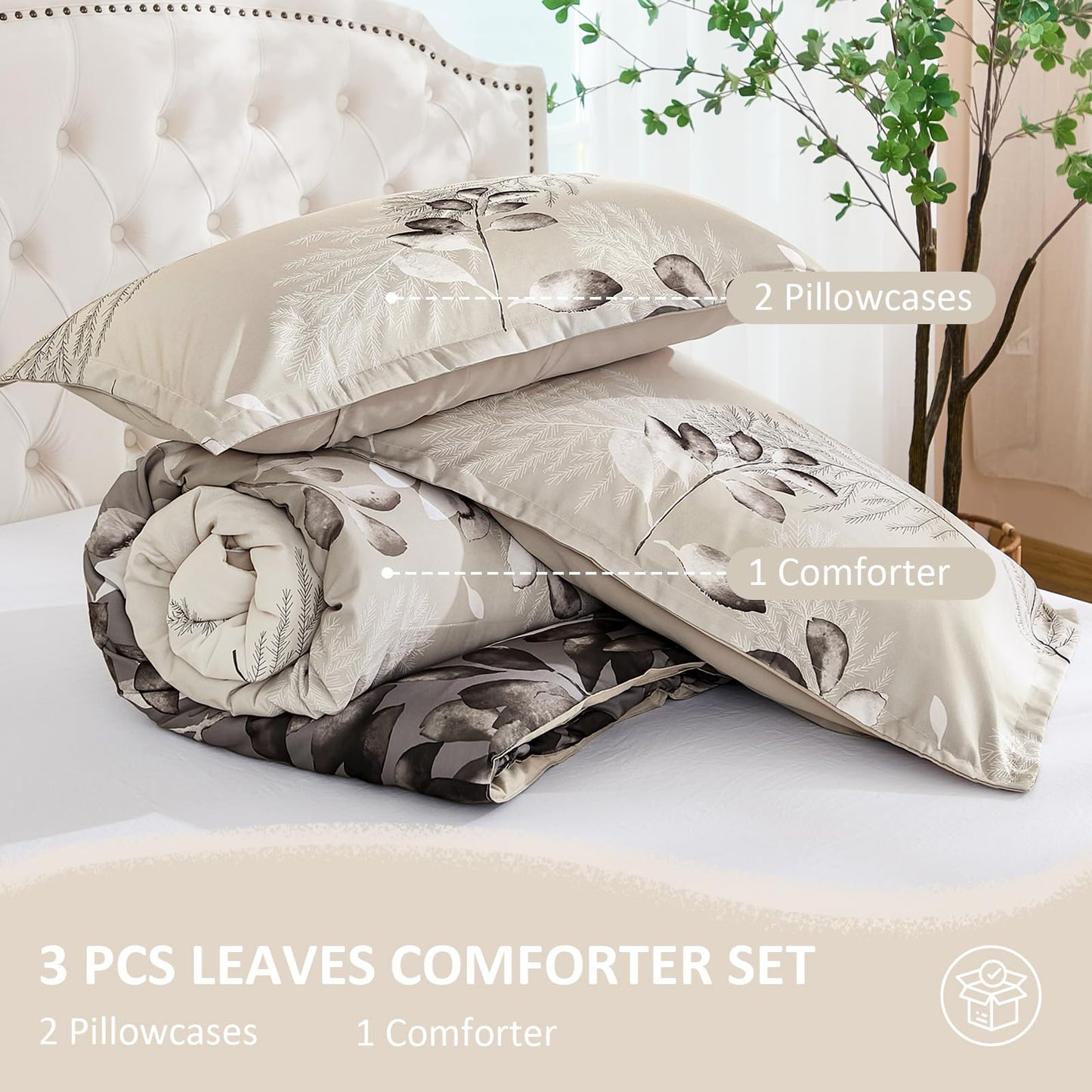 DJY Beige Comforter Set King, 3 Piece Brown Botanical Leaves Comforters with 2 Pillow Shams King Sizes Reversible Floral Comforter Sets Soft Microfiber Bedding Set for All Season (104"x90")