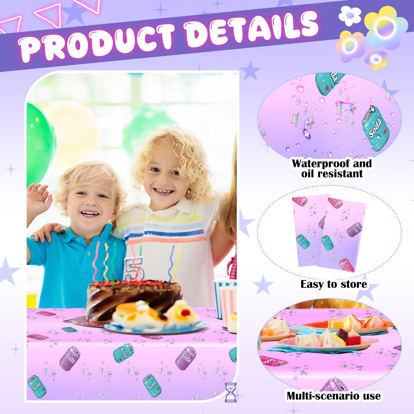 Gilprop 2 Pcs Kpop Themed Soda Bottle Birthday Party Decorations Plastic Cute Birthday Tablecloth 108 x 54 Inches Disposable Rectangle Tablecover for Boys Girls Kids Baby Shower Party Supplies