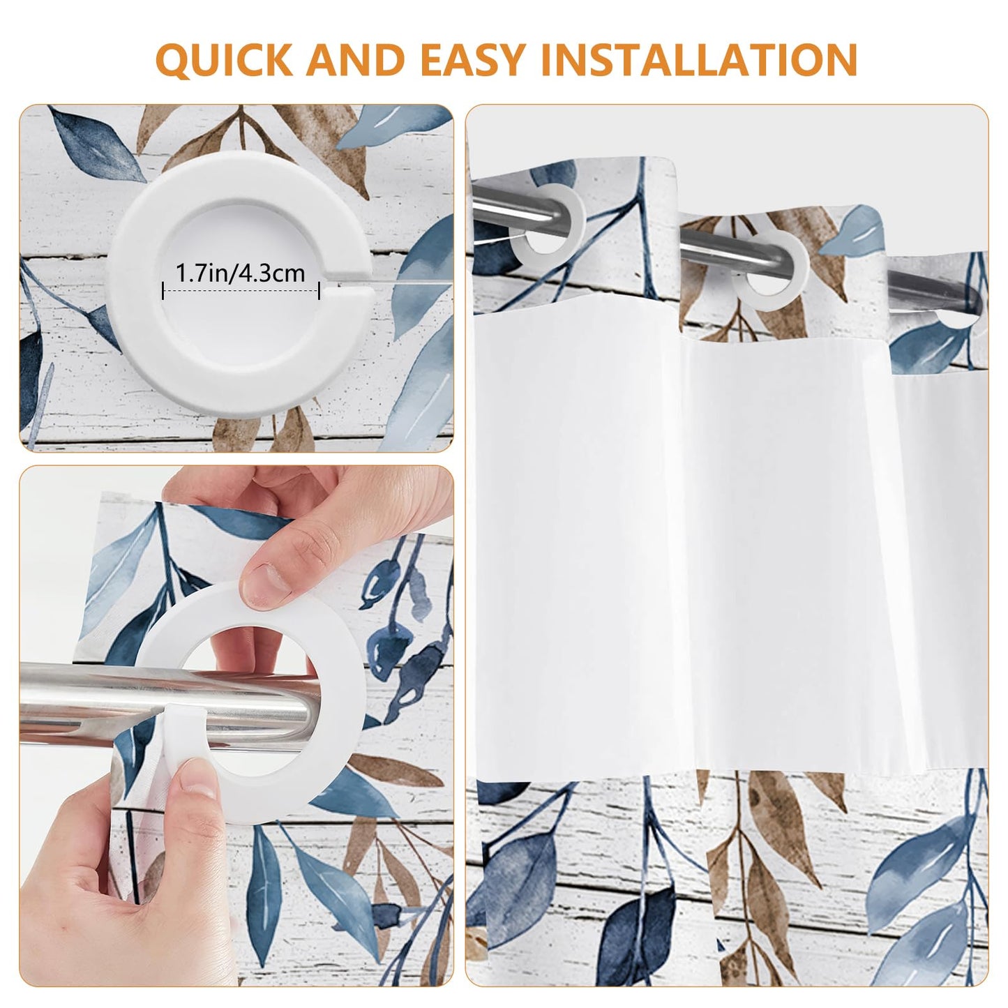 MEHOFOND No Hook Fall Pumpkin Shower Curtain with Snap in Liner,Hookless Autumn Watercolor Blue White Pumpkin Shower Curtain,Farmhouse Eucalyptus Leaves Thanksgiving Holiday Bathroom Decor 71x74 in