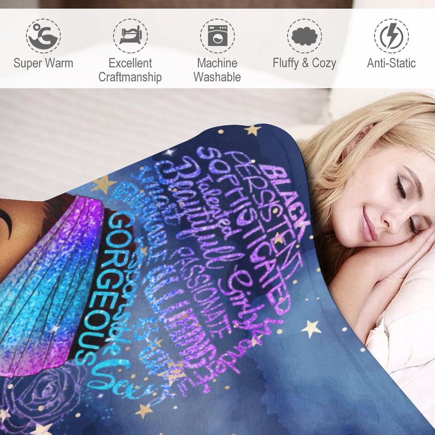 African American Woman Bedding Fleece Throw Blanket, Starry Sky Inspirational Cute Beautiful Black Grils All Season Flannel Soft Warm Microplush Lightweight Thermal for Sofa Bed Bedroom 40"x50"
