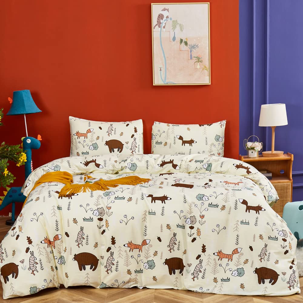 CLOTHKNOW Yellow Queen Duvet Cover Sets Kids Cartoon Bedding Sets Animal Woodland Fox Rabbit Theme Bedding Queen with 2 x Pillow Cases