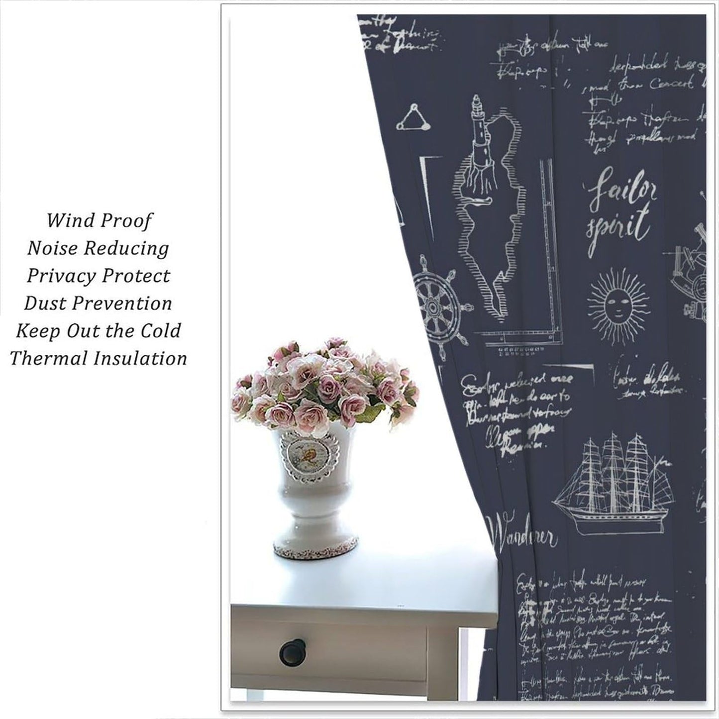 Nautical Sailboat Curtains, Rustic Hand Painted Compass Anchor Window Drapes, for Living Room Bedroom 42" W X 45" L (Decorative)