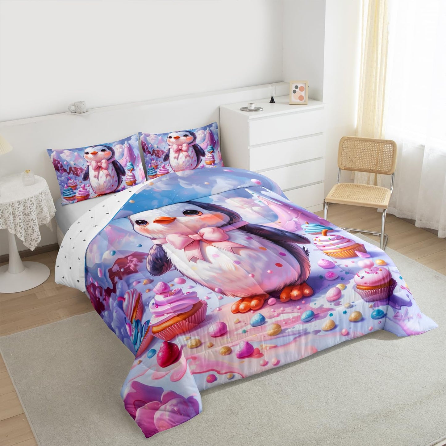 Erosebridal Cute Penguin Comforter Set Queen Kawaii Penguin Bedding Set Antarctica Animals Wildlife Print Comforter for Kids Boys Girls,Colorful Desserts Quilt Duvet