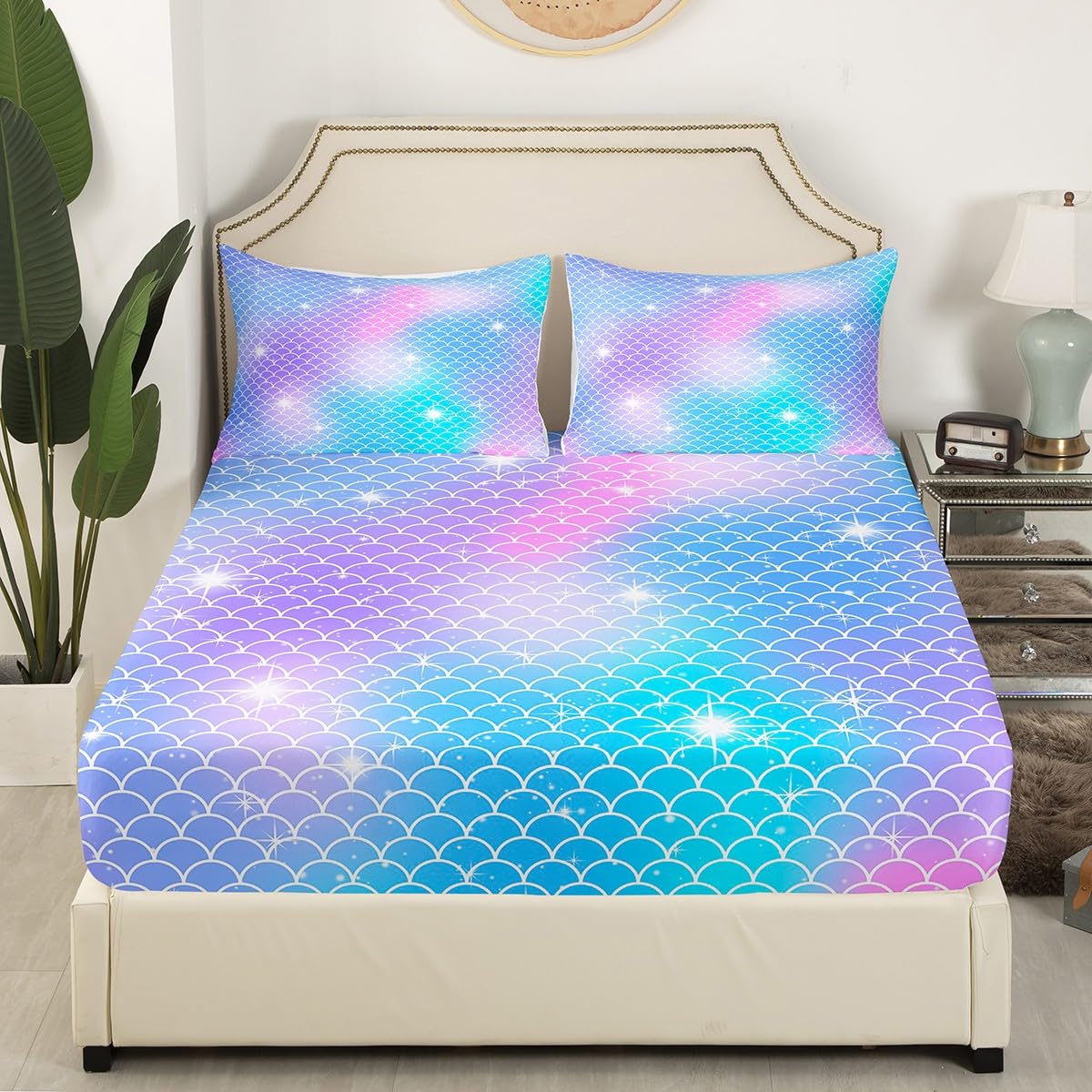 Feelyou Mermaid Scale Fitted Sheet Fish Scales Bedding Set Sea Underwater World Bed Sheet Set for Boys Girls Children Teens Ocean Marine Theme Bed Cover Fanstry Bedroom Decor Dreamy Twin Size