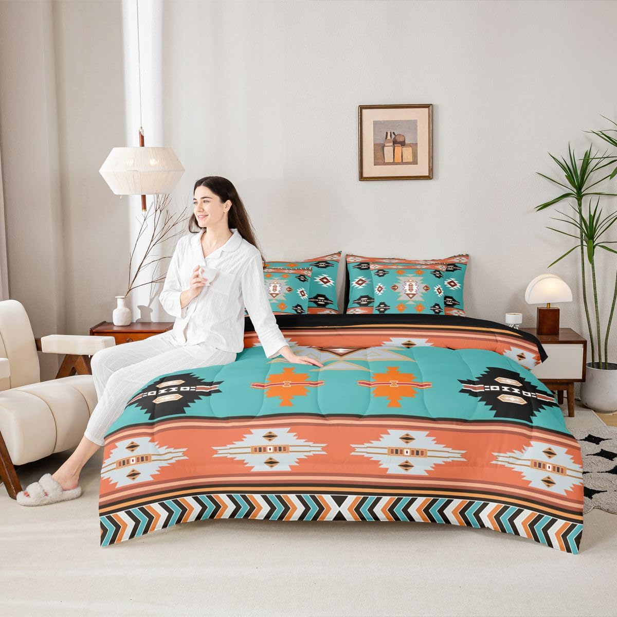 Erosebridal Western Twin Comforter Set with Sheets | Southwestern Decor Geometric 7-Piece Bedding Set Farmhouse Aztec Bed in a Bag, Stripes Diamond Triangle Bed Sets,Teal