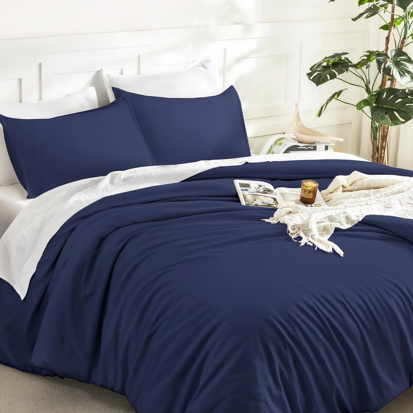 Litanika Navy Blue Comforter Set King Size, 3 Pieces Lightweight Solid Bedding Comforter Set, All Season Fluffy Bed Set (104x90In Comforter & 2 Pillowcases)
