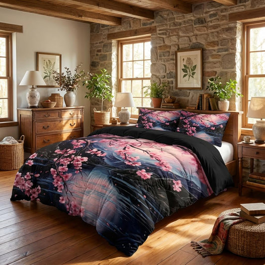 CCoutueChen Cherry Blossoms Bedding Set Queen Size, Black Pink Japanese Comforter Set for Girls, 3Pcs Soft Microfiber Quilted Set with 2 Pillowcases, 90"x90"