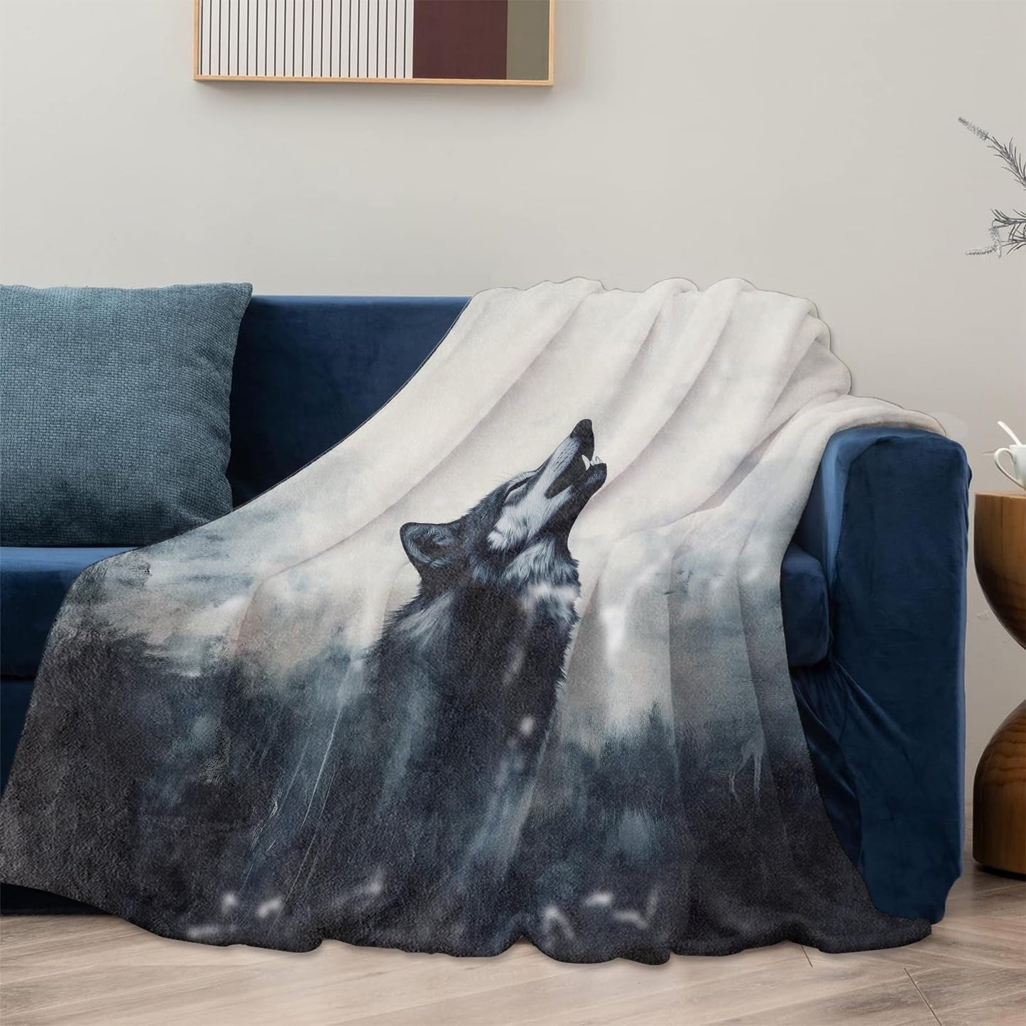 Mounidso Wolf Themed Flannel Blanket, Soft Warm Lightweight Rectangular 50" x 60" for Living Room Home Travel Decor