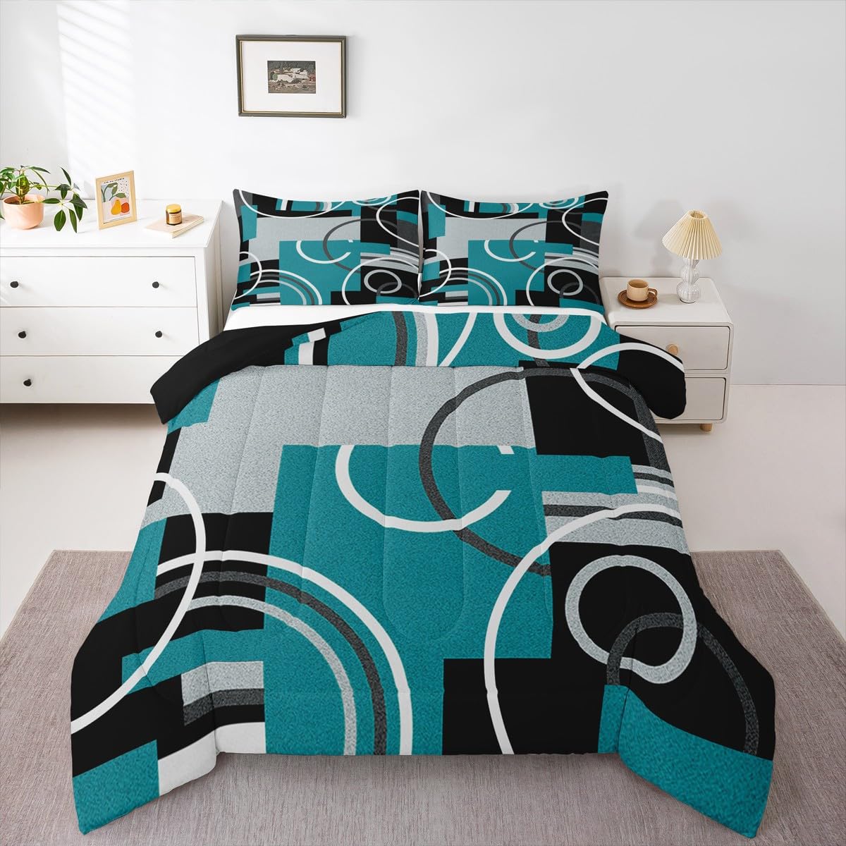 Erosebridal Modern Turquoise Decor Comforter Queen Geometric Circles Gird Bedding Set For Boys Girls Kids Teens Adult Black Grey Down Stripe Swirls Duvet Graphic Texture Quilted (GHS2936XXY-BZ_USq)