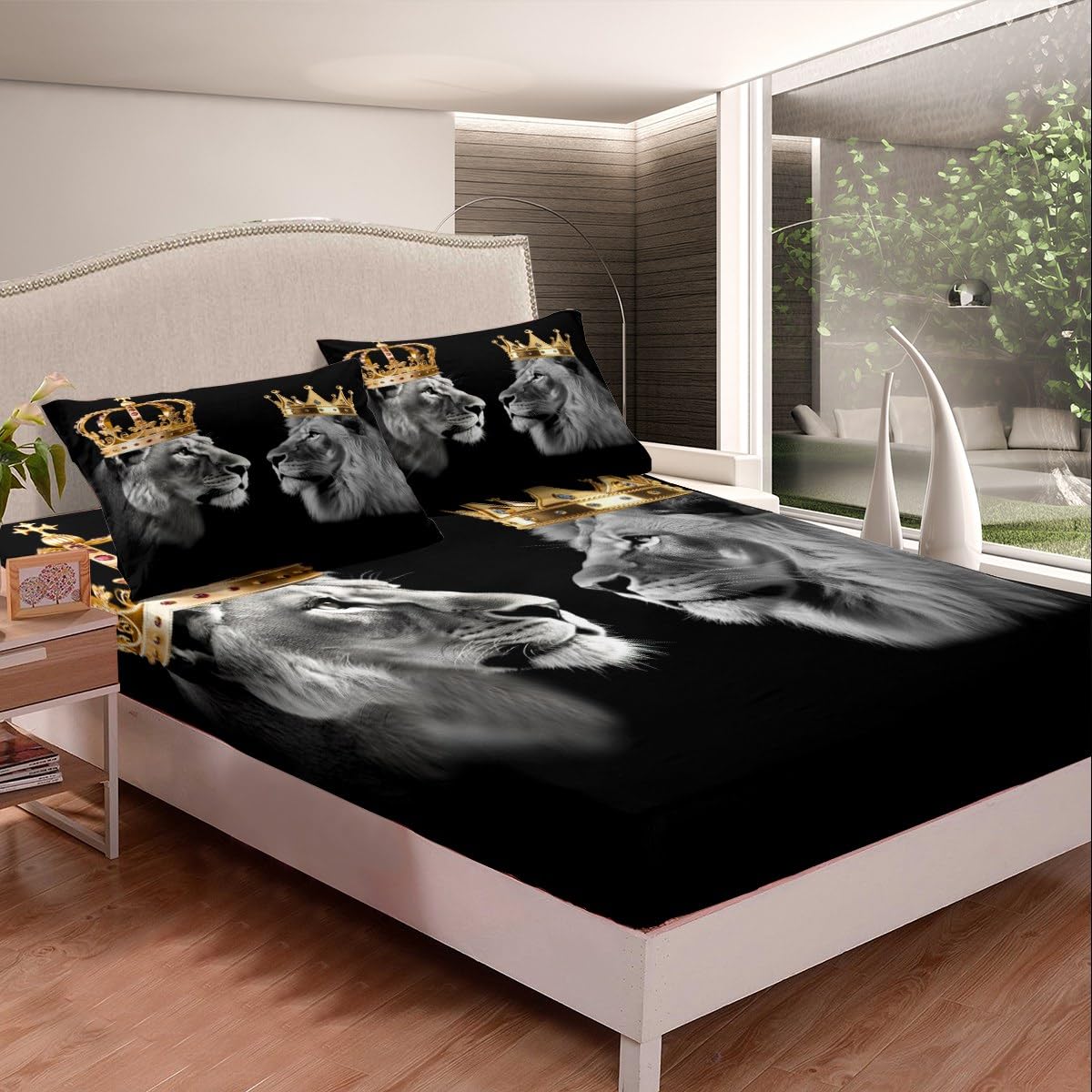 Castle Fairy Wild Lion Couple Bed Sheets King Size,Gold King and Queen Crown,Quality Brushed Microfiber Luxury Bed Sheet with Flat,Tropical African Animal Fitted Sheet, with 2 Pillowcases