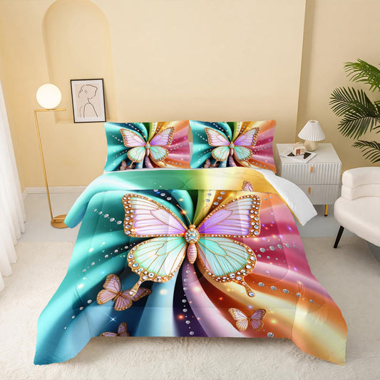 QOOMO Colorful Butterfly Kids Bedding Set,Cartoon Animal Print Comforter Set Queen Size for Boys Girls Teen Room Decorat,Soft Lightweight Bed Set All Season,1 Comforter Set 2 Pillowcases