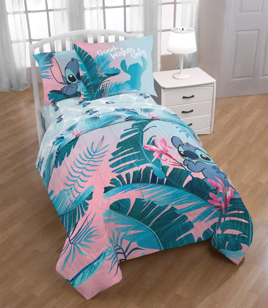 Jay Franco Disney Lilo & Stitch Floral Fun Twin Comforter & Sham Set - Super Soft Kids Reversible Bedding - Fade Resistant Microfiber (Official Disney Product)