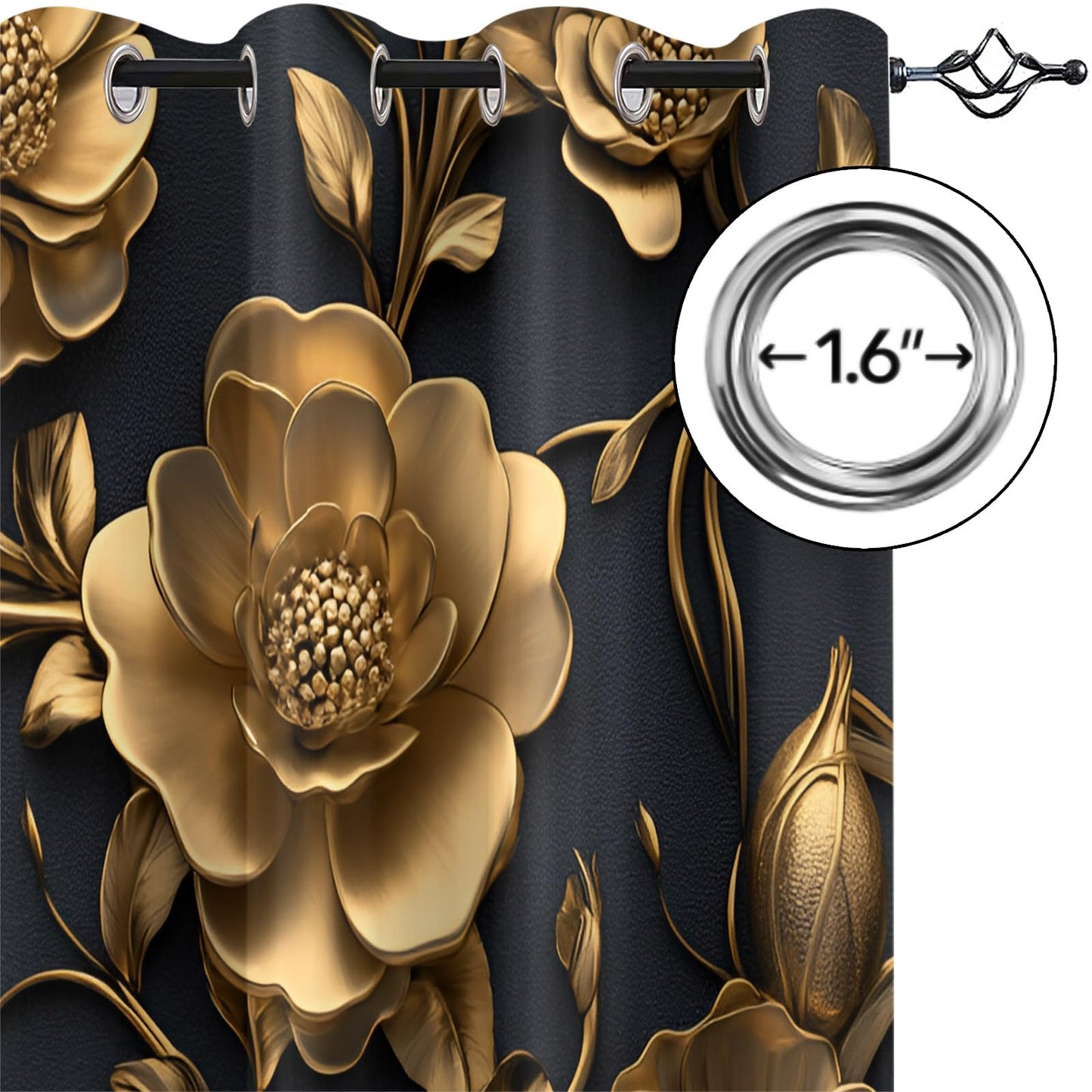 YXQAIED Gold Floral Blackout Curtains, Black Gold Flower Cutrtains for Living Room, 3D Embossed Floral Window Treatments, Kitchen Bedroom Curtain 84 Inch Long, 2 Panels