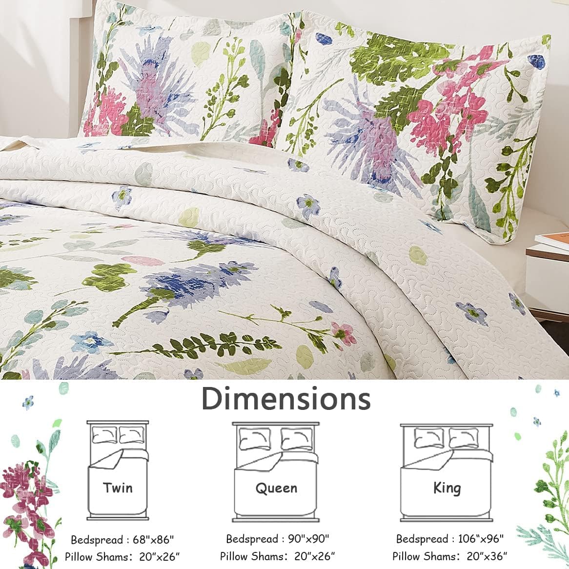 Lightweight Thin Multicolor Botanical Bedspread Coverlet Set King Size Breathable Blue Purple Green White Flower Plant Garden Quilts Bed Cover Floral Bedding with 2 King Random Pillow Shams