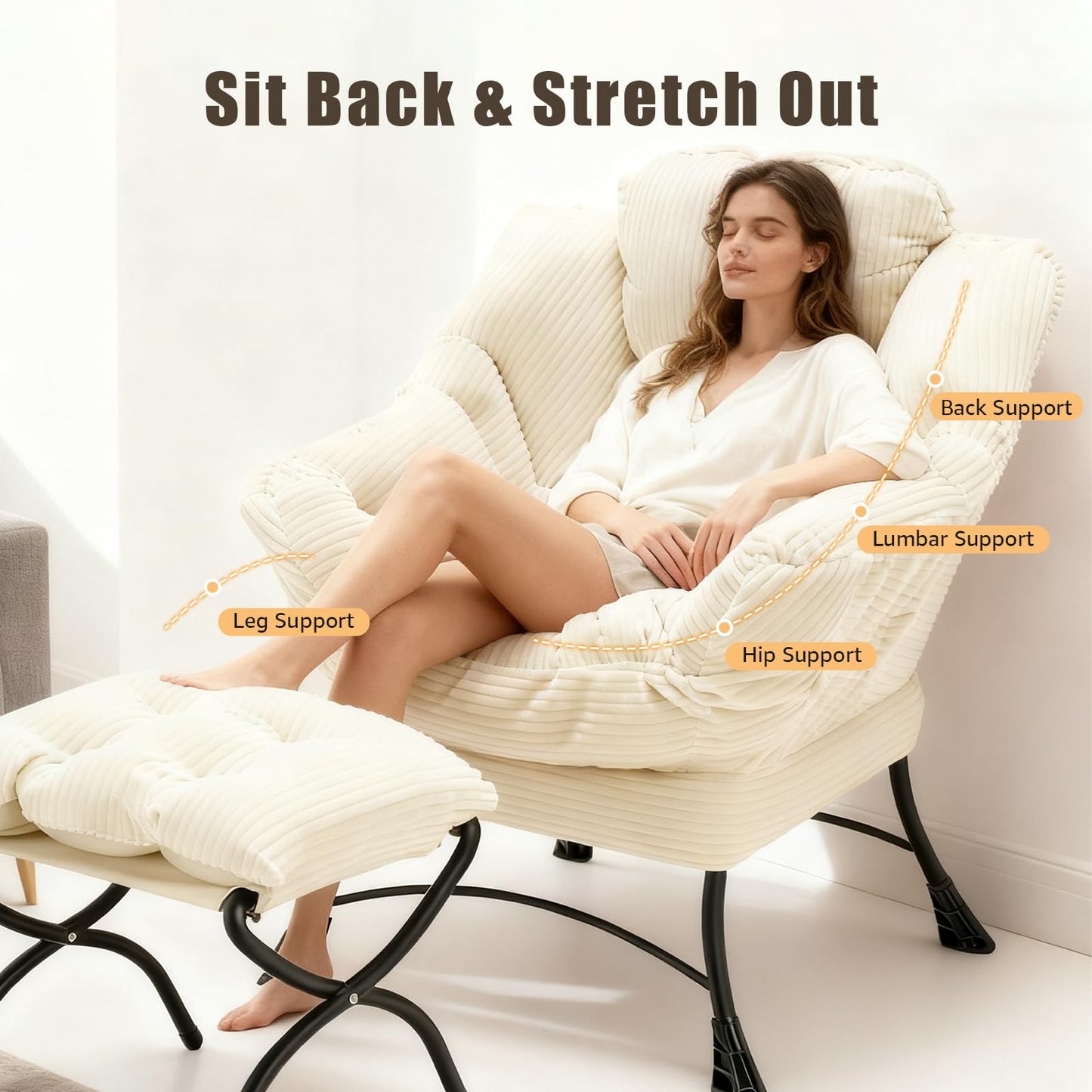 Oversized Lazy Chair with Ottoman for Adults, Chair and Ottoman Set Modern Skinny Lounge Chair with Footrest, Wide Reading Chair for Living Room, Comfy Accent Armchair for Small Spaces, White