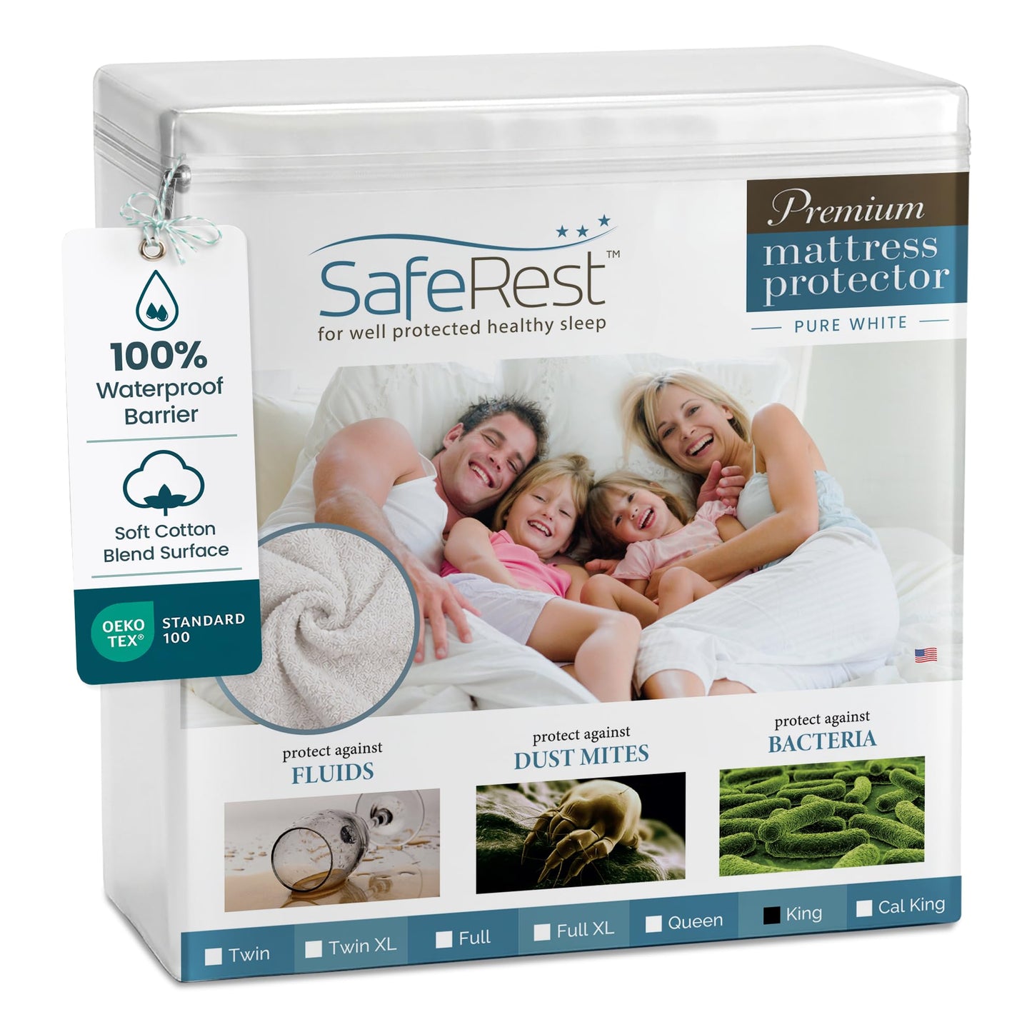 SafeRest Waterproof King Size Mattress Protector - Fitted with Stretchable Pockets - Machine Washable Cotton Blend Mattress Cover for Bed