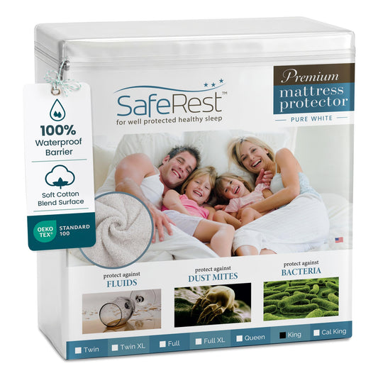 SafeRest Waterproof King Size Mattress Protector - Fitted with Stretchable Pockets - Machine Washable Cotton Blend Mattress Cover for Bed