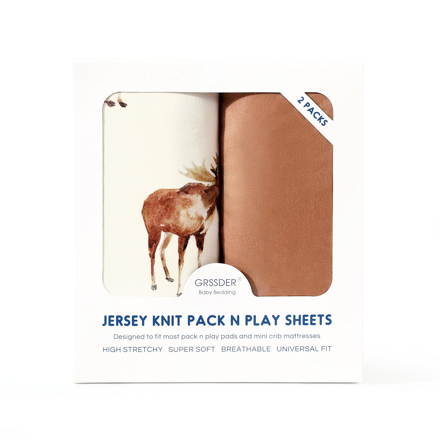 GRSSDER Stretchy Ultra Soft Jersey Knit Pack and Play Sheets 2 Pack, Portable/Mini Crib Sheets Universal Fitted for Playpen Mattress Safe and Snug, Elk Print
