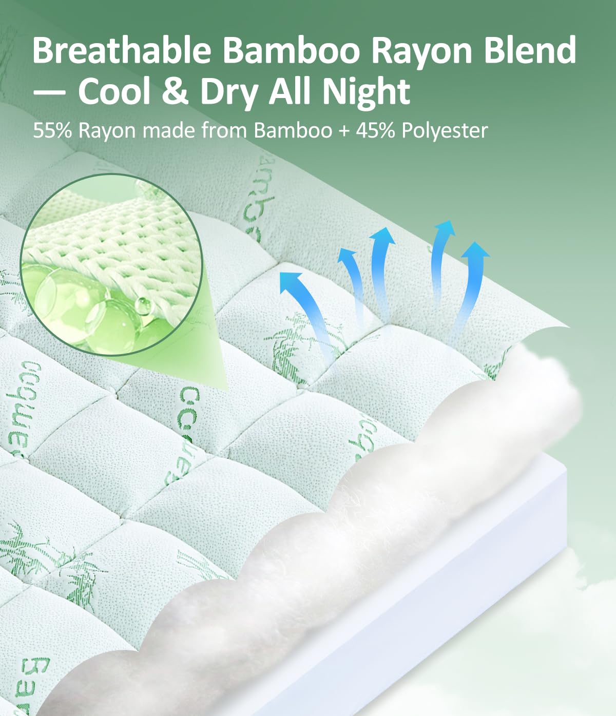 Fracho Ultra Soft Mattress Topper Queen Size - Rayon Made from Bamboo Cooling Mattress Topper - 1000GSM Plush Pillow Top Bed Pad, Naturally Breathable & Supportive for Hot Sleepers, Green