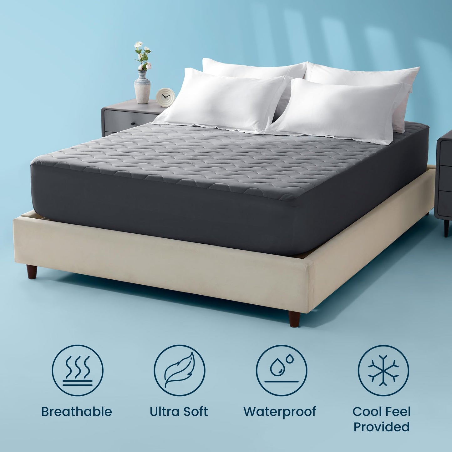Sleep Zone Cooling Mattress Protector King, Waterproof Bedding Pad for Hot Sleepers, Soft & Breathable Mattress Topper, Deep Pocket Mattress Cover，Hotel Quality (Dark Gray，King)
