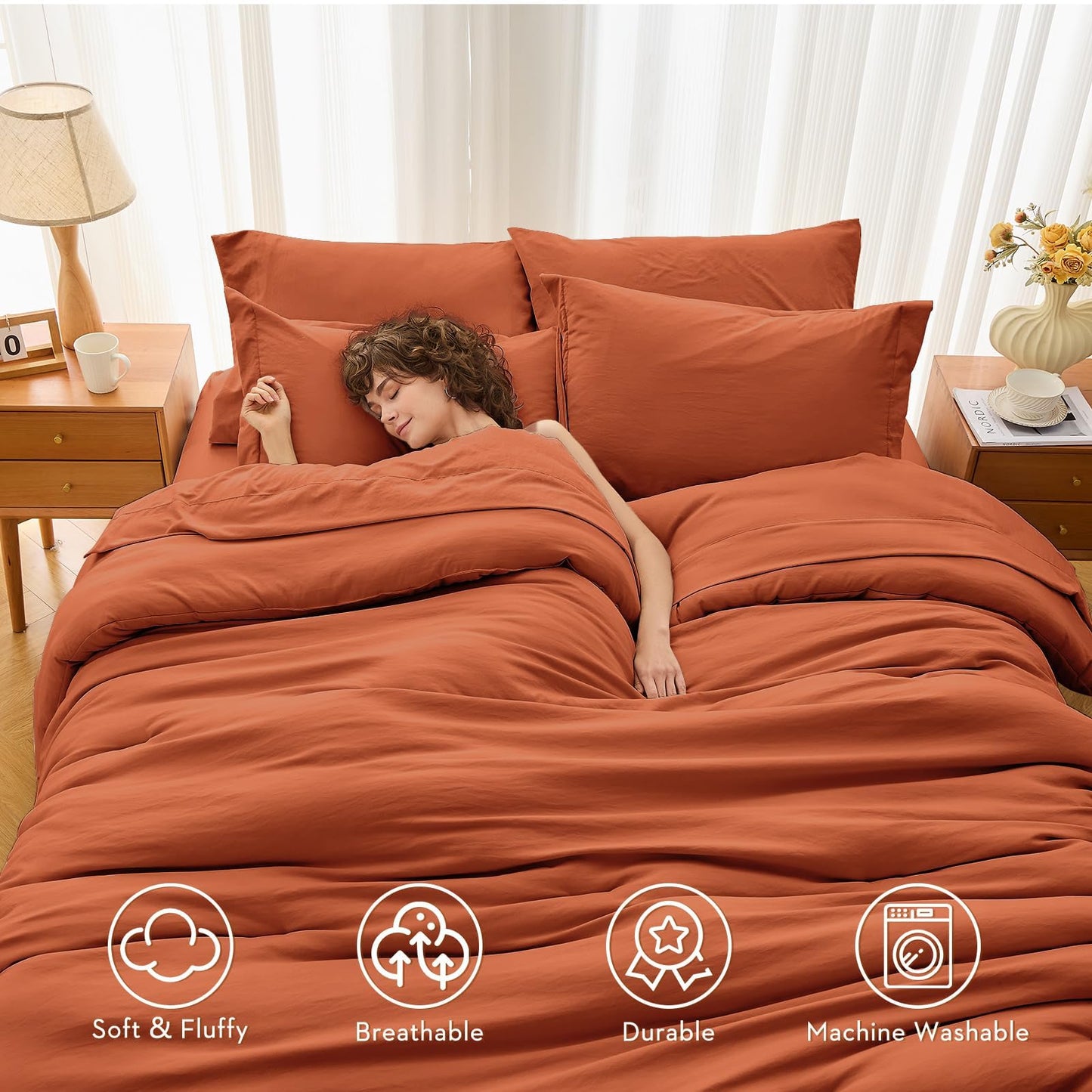 MUXHOMO 7 Pieces King Comforter Set, Soft Bed in a Bag King Size, All Season Bedding Set with Comforter, Flat Sheet, Fitted Sheet, Pillowcases & Shams, Burnt Orange
