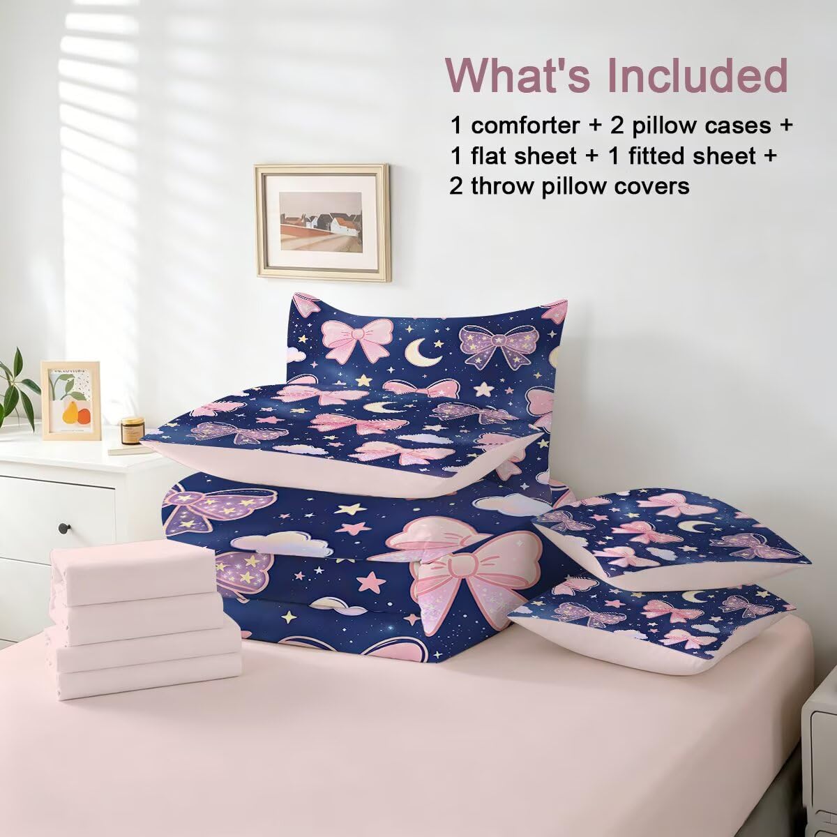 FUYEUN Pink Bow Dark Blue Night Sky 7 Piece Twin Comforter Set for Girls