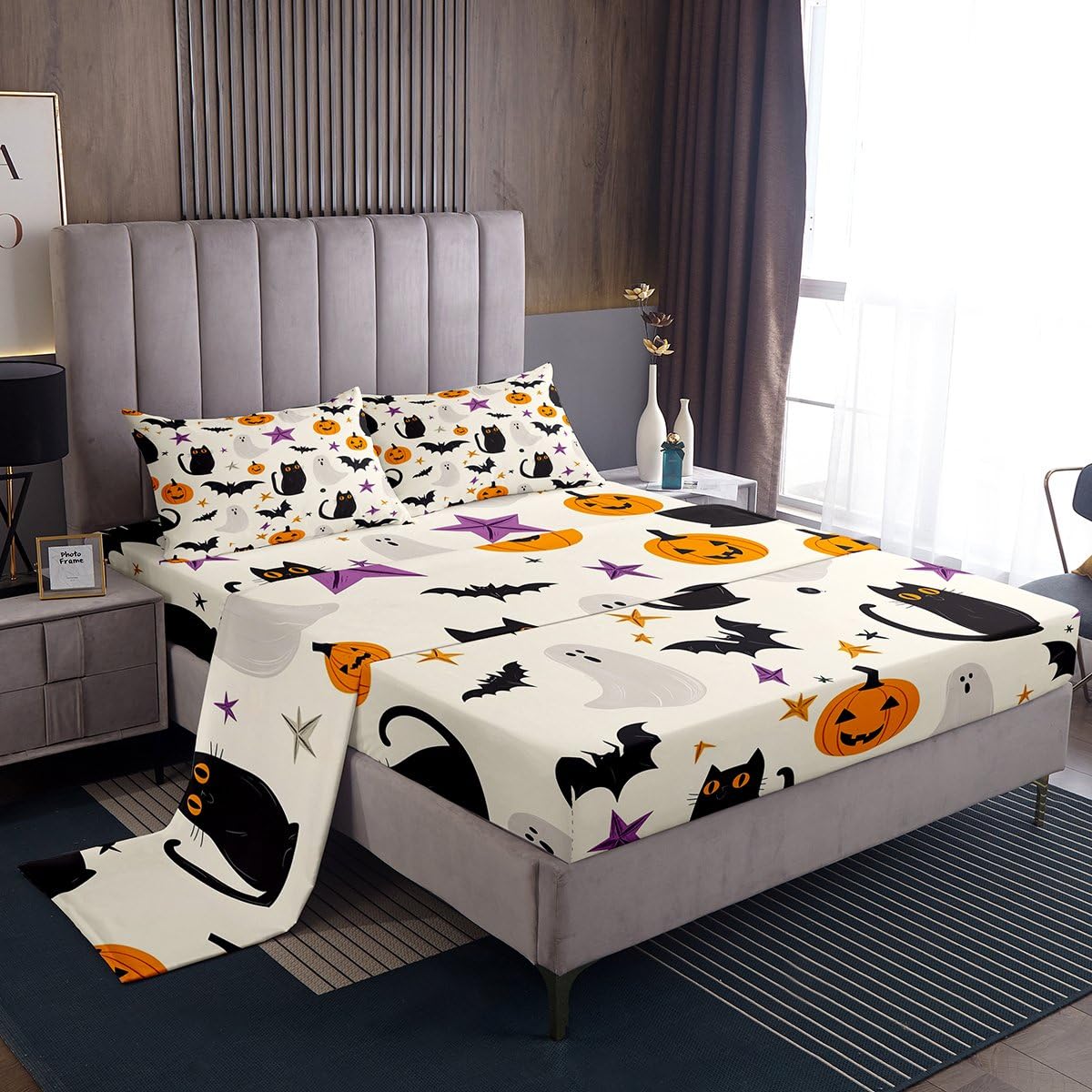 Feelyou Happy Halloween Bed Sheets Set Twin Size Cute Ghost Cat Bed Set Beige Black Orange Deep Pocket Fitted Sheet Pumpkin Lantern Bats Breathable Soft Lightweight Microfiber