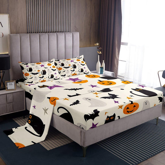 Feelyou Happy Halloween Bed Sheets Set Twin Size Cute Ghost Cat Bed Set Beige Black Orange Deep Pocket Fitted Sheet Pumpkin Lantern Bats Breathable Soft Lightweight Microfiber