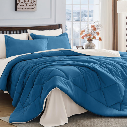HEVUMYI Teal Blue & Ivory Queen Comforter Set - 7-Piece All Season Bed in a Bag Queen, Ultra Soft Bedding Set with Comforter, Flat Sheet, Fitted Sheet, Pillowcases, Pillow Shams, Teal Blue & Ivory