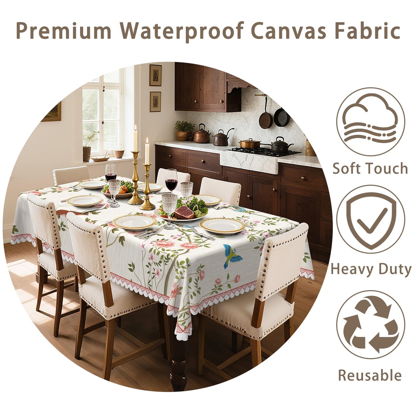 Waterproof Canvas 60 x 84 Inch Rectangle Table Cloth, Floral and Birds Pattern Stain Resistant Summer Outdoor Tablecloth, Heavy Duty Washable Dining Table Cover for Farmhouse, Dinner, Picnic, Party