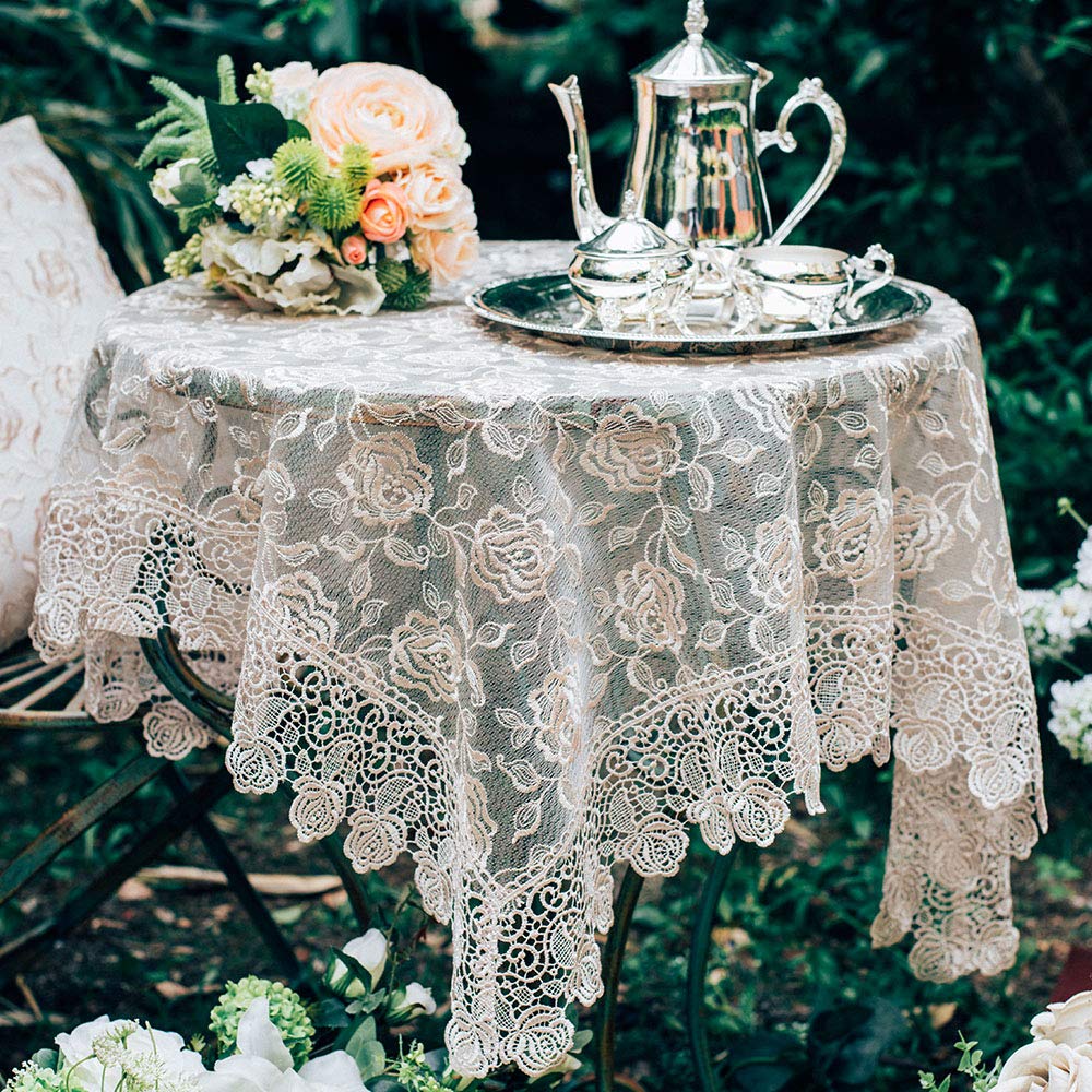 ARTABLE Rectangle Small Table Cloth Lace Macrame Vintage Tablecloth Shabby Chic Embroidered Oblong Table Cover for Wedding Banquet Holiday Long Dinner Tables (Golden, 43"x43")