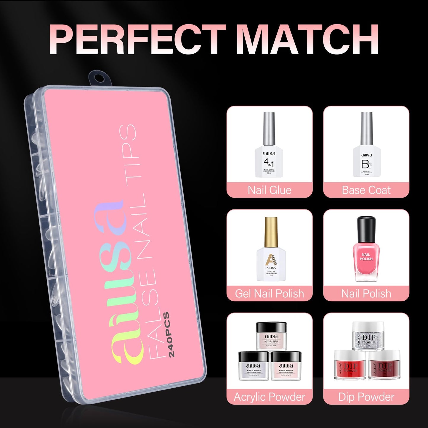 AILLSA Medium Almond Nail Tips - 240pcs Thickened False Nail Tips Half Matte Nails Tips, Fake Nails Nail Extension for Manicure