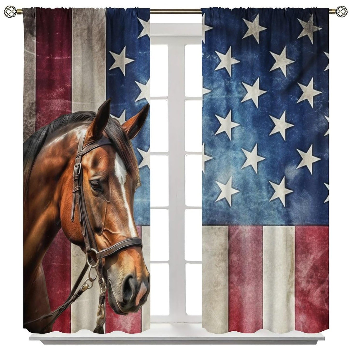 Yearn Jear Horse Window Curtains, Retro American Flag Western Wild Horses Curtains for Living Room,Rustic Farm Animal Cowboy Running Horse Drapes 2 Panel Sets,42x45 Inch Decor