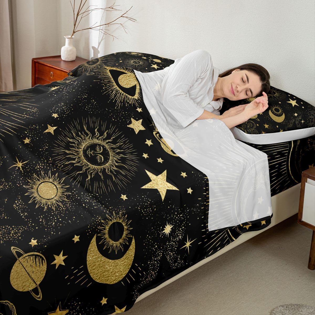 Erosebridal Star Moon Sheet Set Full Size, Starry Sky Series Bed Sheets Kids Child, Cosmic Planets Sun Face Pattern Fitted Sheet Boys Girls, Hippie Bed Cover, Soft Bohemian Bedroom Decor