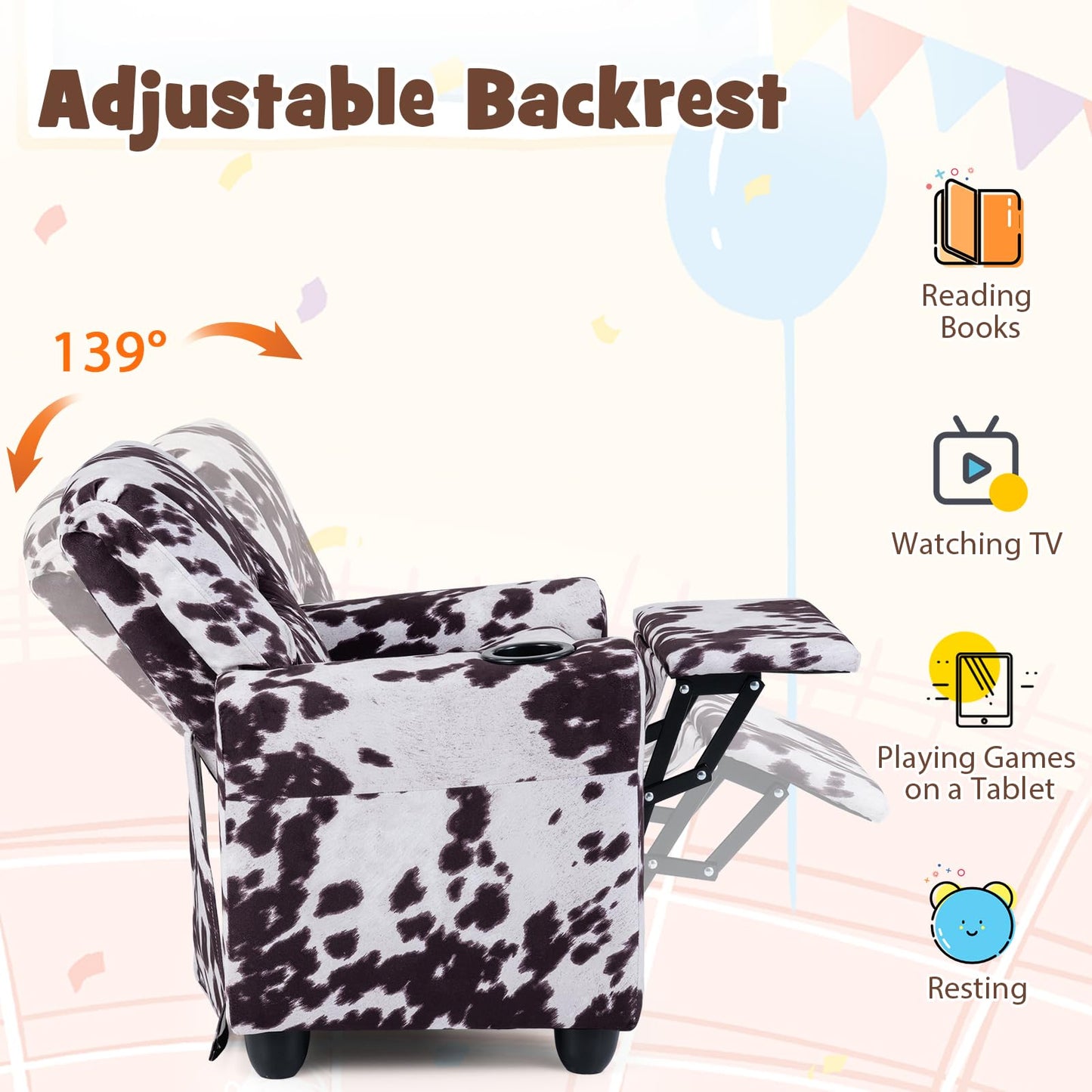 GLACER Kids Recliner with Cup Holder, Velvet Toddler Lounge Chair w/Adjustable Backrest & Footrest, Spring-Loaded Seat Cushion, Push Back Toddler Sofa for Boys & Girls Ages 3+ Years Old (Cow)