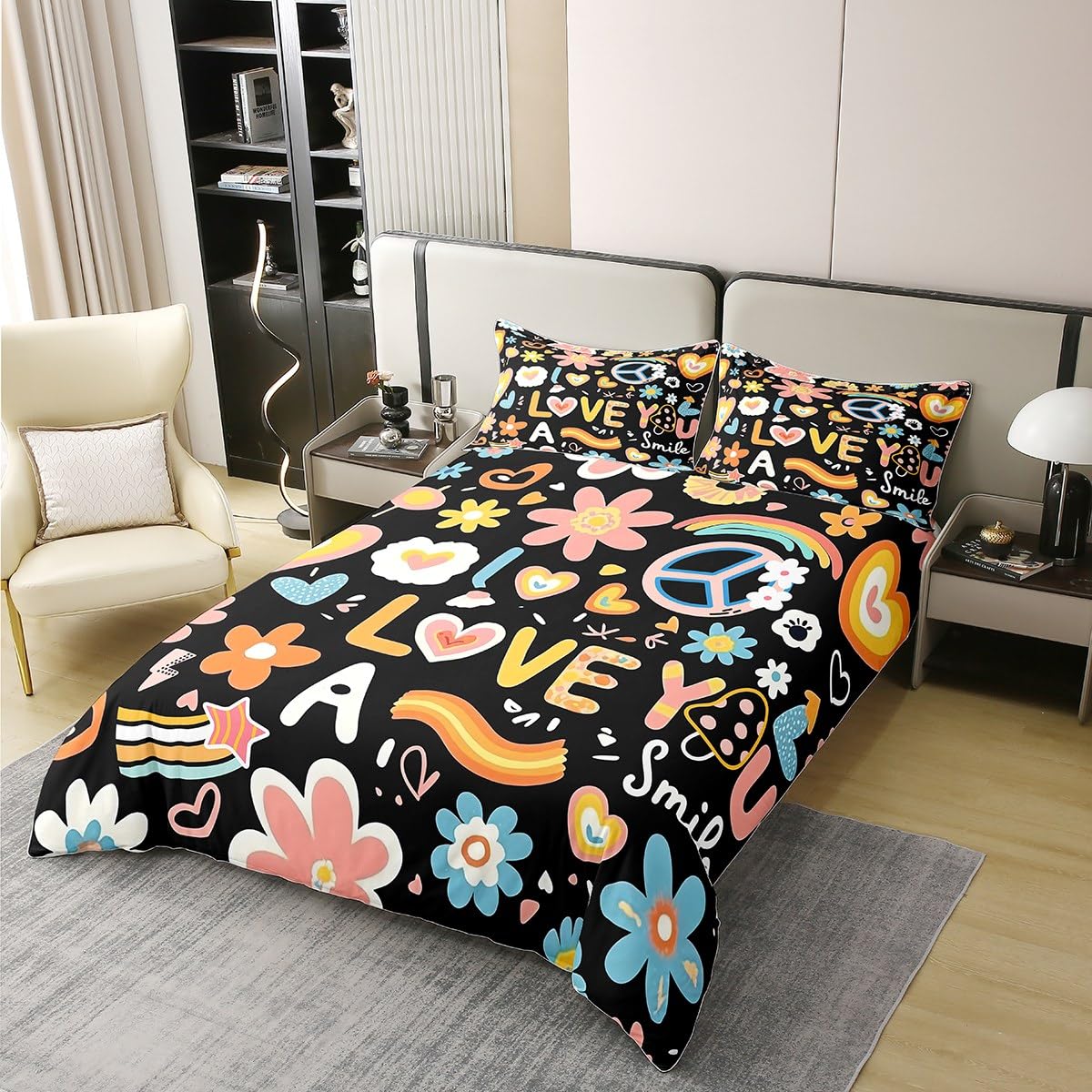 100% Cotton Groovy Flower Comforter Cover Twin for Kids,Cartoon Rainbow Stars Daisy Peace Sign Bedding Set Cute Room Decor for Teen Girls,Hippie Aesthetic Funny Duvet Cover Y2K Decor Bedspread Cover