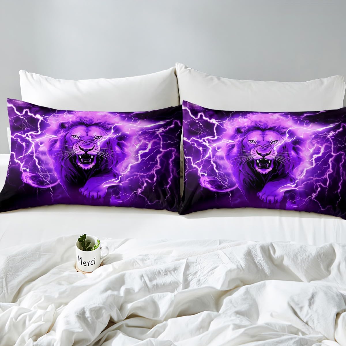 Manfei Lion Duvet Cover Set Queen Size, Purple Lightning Lion Comforter Cover with 2 Pillowcases, Wild Animal Theme Bedding Set 3pcs for Kids Boys Teens Adults Lightweight Bedspread Cover,No Comforter