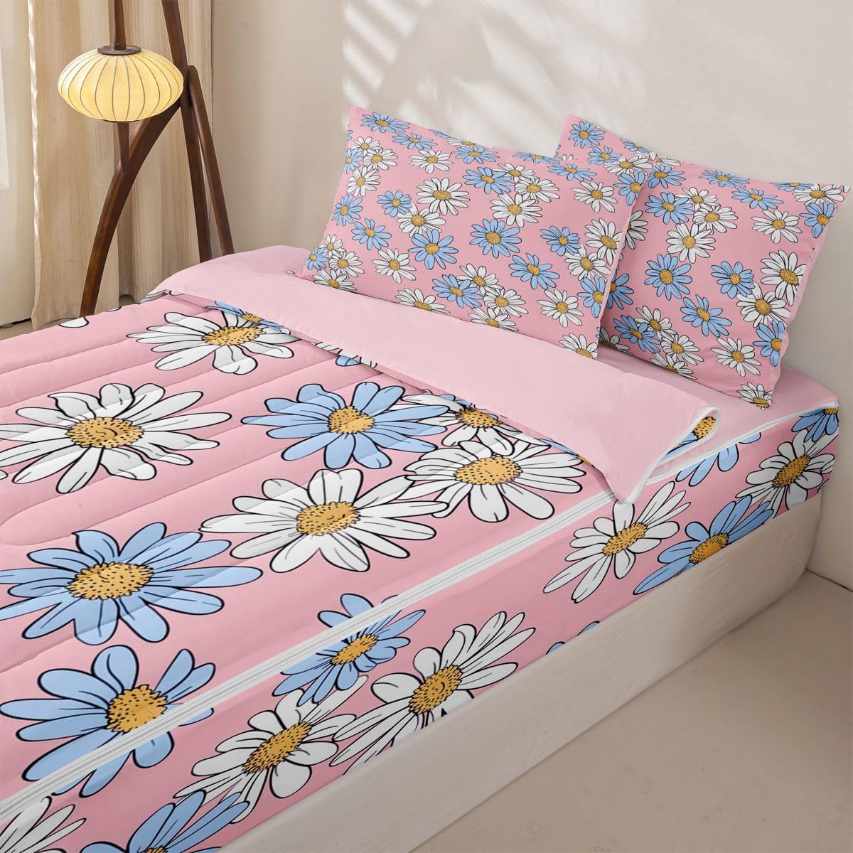 Feelyou Pink Floral Zipper Bedding Sets for Kids Boys Girls Cartoon Cute Daisy Flower Queen Comforter Set with Fitted Sheet Botanical Aesthetic Bedroom Decor Microfiber with 2 Pillow Cases