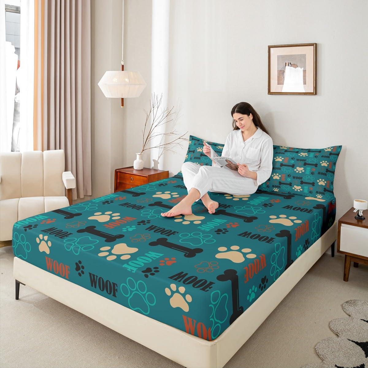 Cute Dog Paw Print Bed Sheet Set Twin Size,Puppy Dog Pets Lovers Style Fitted Sheet + 1 Flat + 1 Pillow Sham,Bone Cartoon Animal Green Bed Mattress Cover for Kids Boys Gift,Ultra Soft