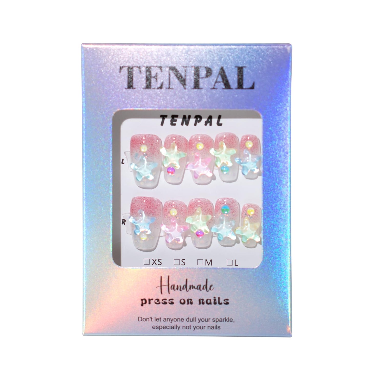 TENPAL 10PCS Summer Press on Nails with Tools Kit - Icy Ocean Blue Water Wave 3D Starfish Design Glue on Nails | Sparkling Glitter Coffin Fake Nails | Beach Theme Medium Long Cute Manicure Set(XS)