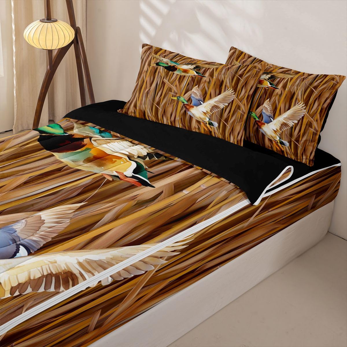 Feelyou Camo Mallard Duck Comforter Set Queen Size Zipper Bedding Set for Girls Boys Hunting Theme Comforter with Fitted Sheet, Pillowcases Wild Animal Duck Zipper Bedding Soft Breathable Bed in a Bag
