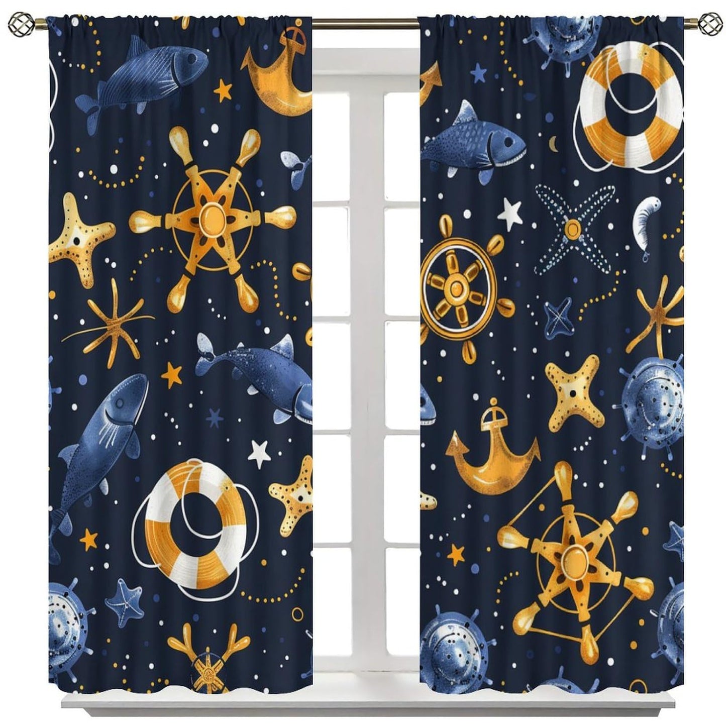 HDESDIS Fantasy Ocean Boat Anchor Blackout Curtains for Bedroom Living Room, Rod Pocket Abstract Starry Life Buoy Fish Curtains Thermal Insulated Window Drapes 2 Panels, Each 21W x 45L