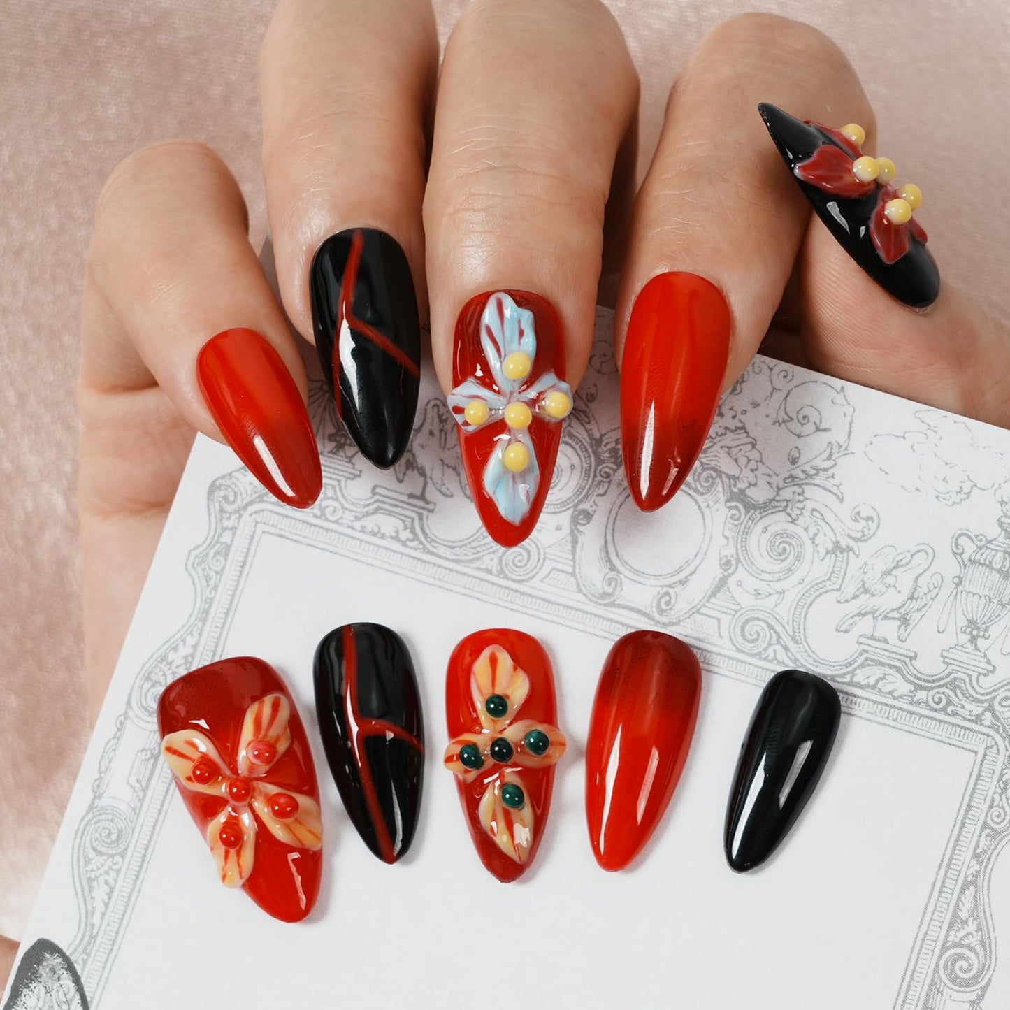 Tesytto Medium Almond Press On Nails, Red Black Gradient False Nails with 3D Embossed Colorful Flower, Reusable Glossy Y2K Fake Nails for Women & Girls (Crimson Flame,M)