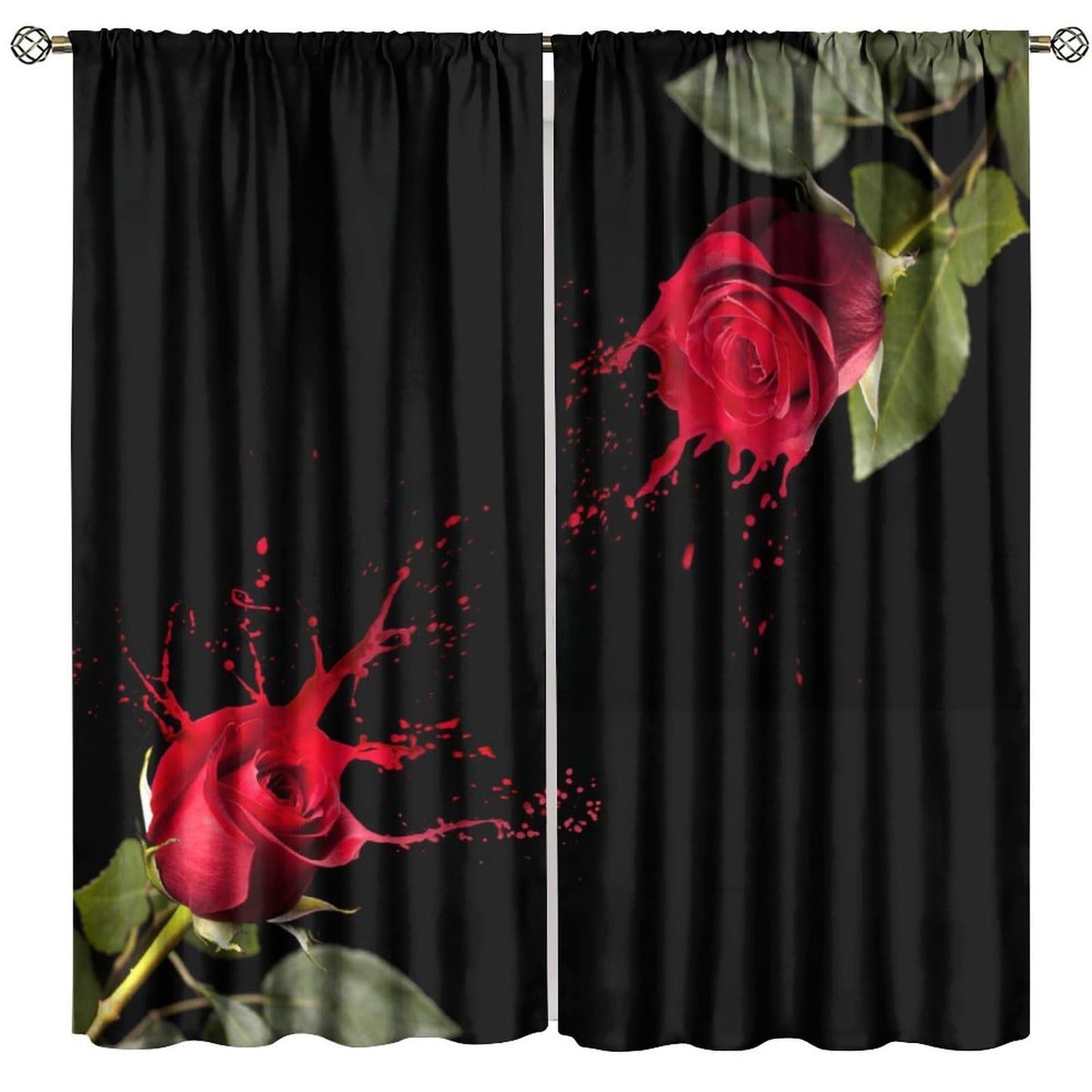 GoDazzling Rustic Romantic Red Rose Curtains, Vintage Floral Leaves Rod Pocket Window Drapes, for Bedroom Living Room 41" W X 45" L (No Blackout)