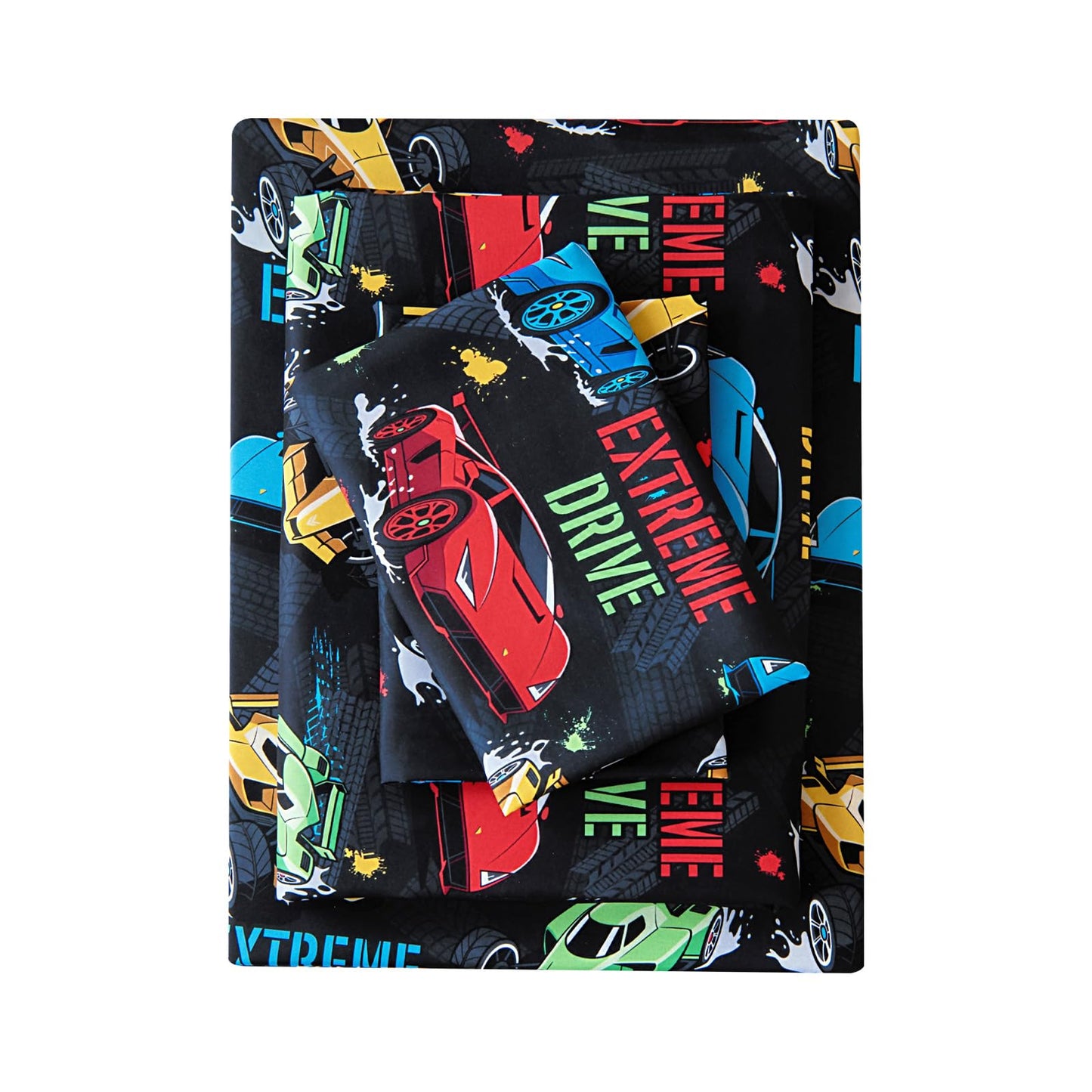 MCO Kids Full Size Bed Sheets, Soft Microfiber Full Size Sheets for Boy Girls, 4 Pieces Breathable Full Bed Sheet Race car Black