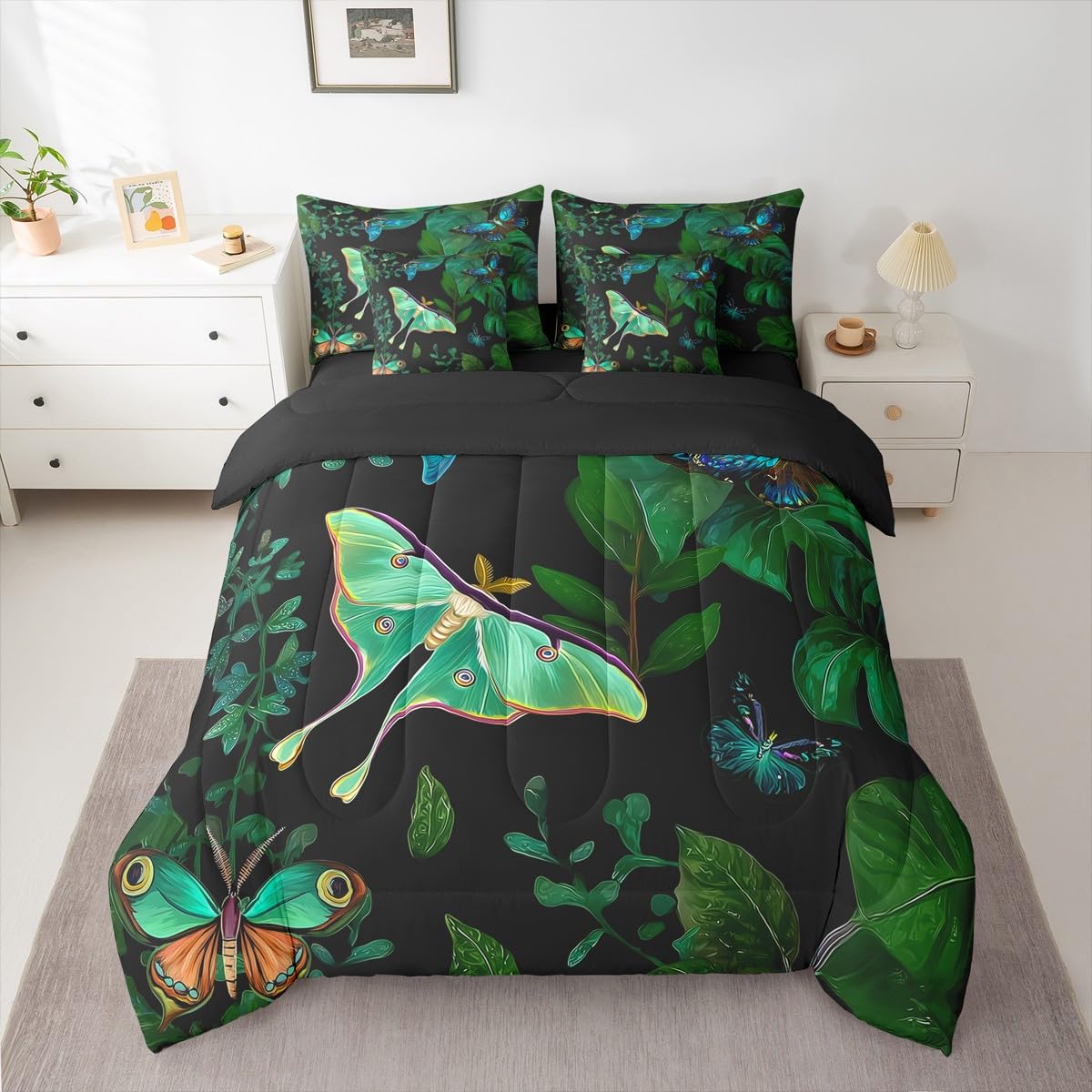 Erosebridal Colorful Butterfly Comforter Set Moth Bed in A Bag Full Size 7 Pieces Palm Leaves Banana Bed Set Hawaiian Tropical Leaves Bedding