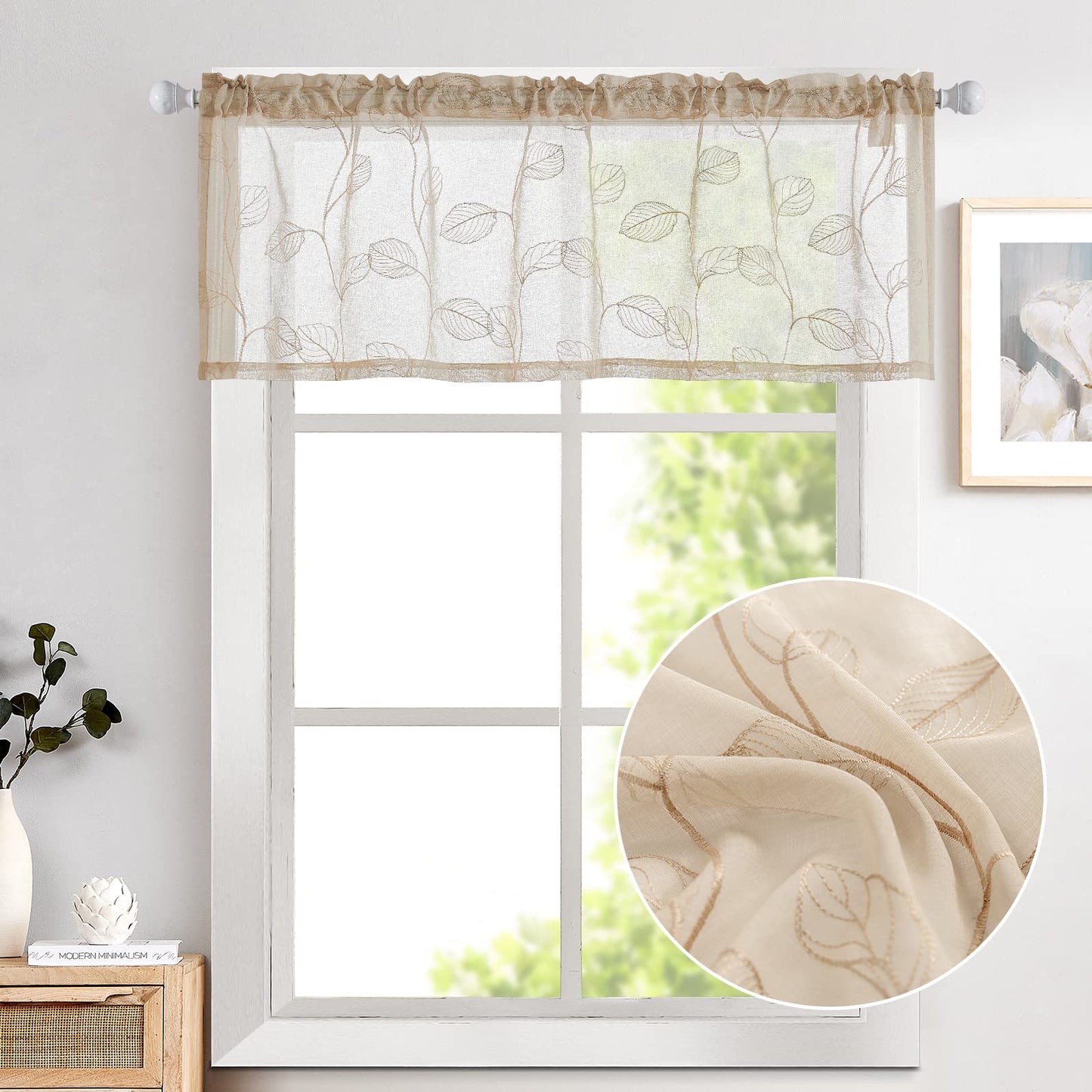 Topick Beige Sheer Leaf Curtain Kitchen Valance for Windows Leaf Embroidered Voile Small Curtain Valance Semi Sheer Farmhouse Curtain 16 Inch Rod Pocket 1 Panel Beige